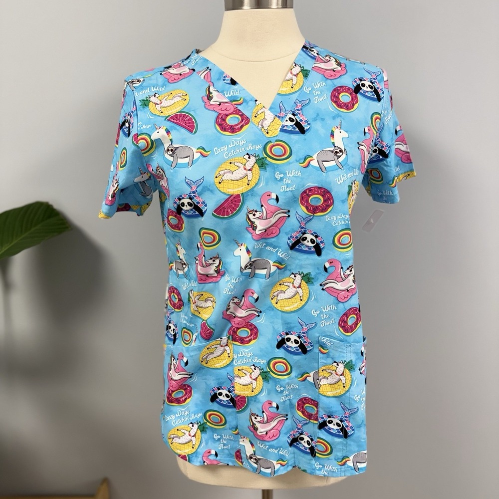 NWT Cherokee Rainbow Floaty Pool Party Scrub Top S Scrubs Panda Sloth Unicorn